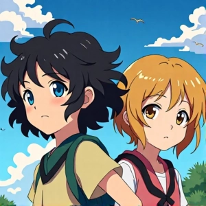 Трио аниме-персонажей в стиле Ghibli